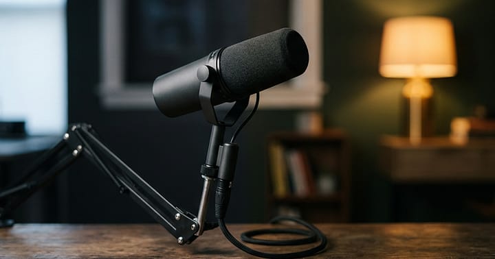 Microfoon op een tafel met overgang van koel naar warm licht - symbool voor mediatraining van vergaderkamer naar huiskamer